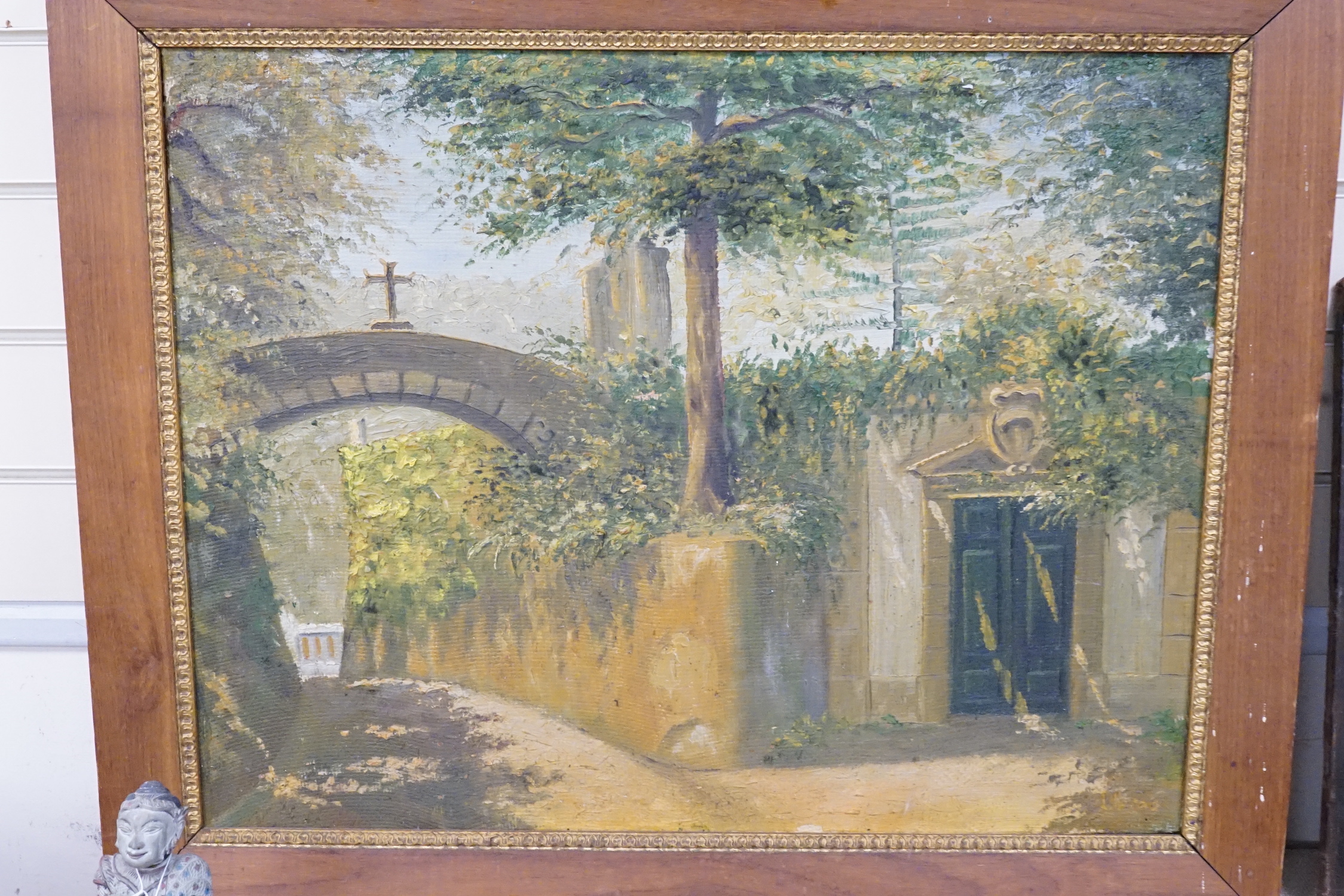 T. Baines, oil on canvas, Spanish town square, signed, 40 x 50cm, an oil on board of a cottage in winter, 24 x 33cm, and an Italian oil street scene, 52 x 67cm